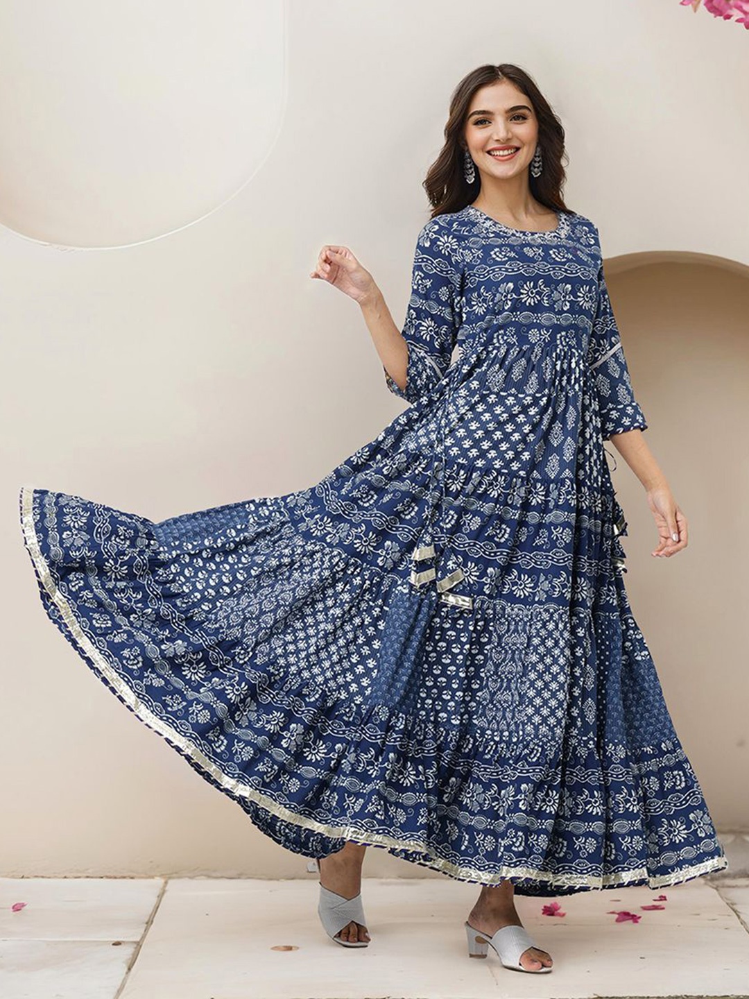 

Ishin Floral Printed Layered Fit & Flare Cotton Maxi Dress, Blue