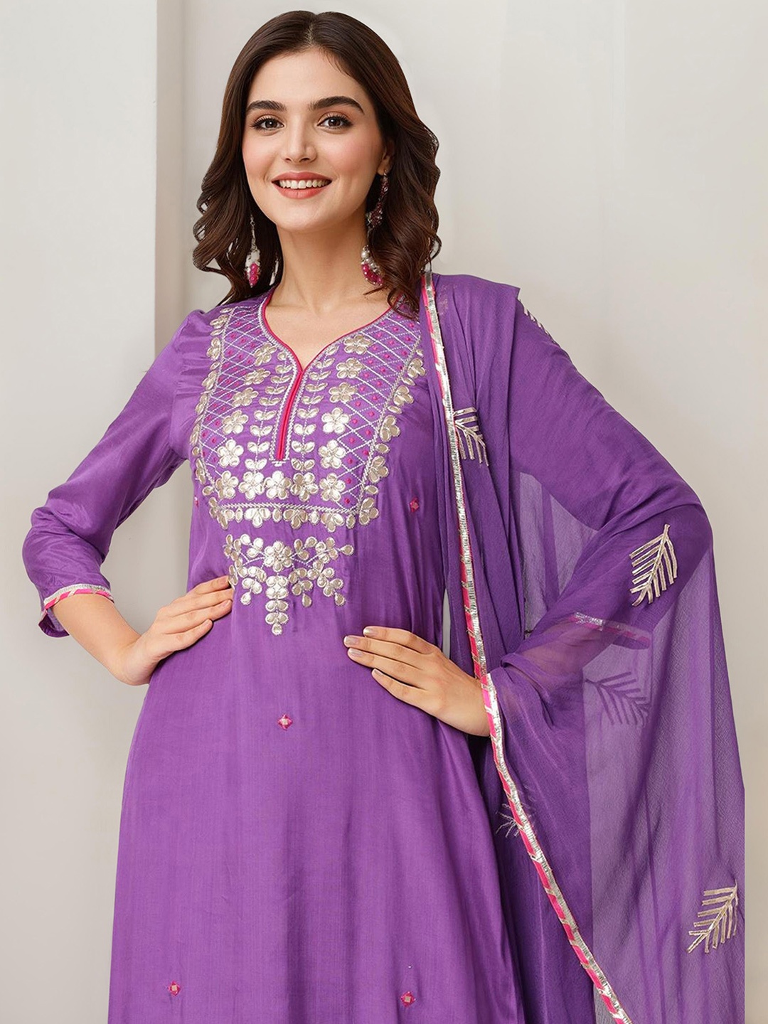 

Ishin Ethnic Motifs Embroidered Straight Kurta With Sharara & Dupatta, Purple