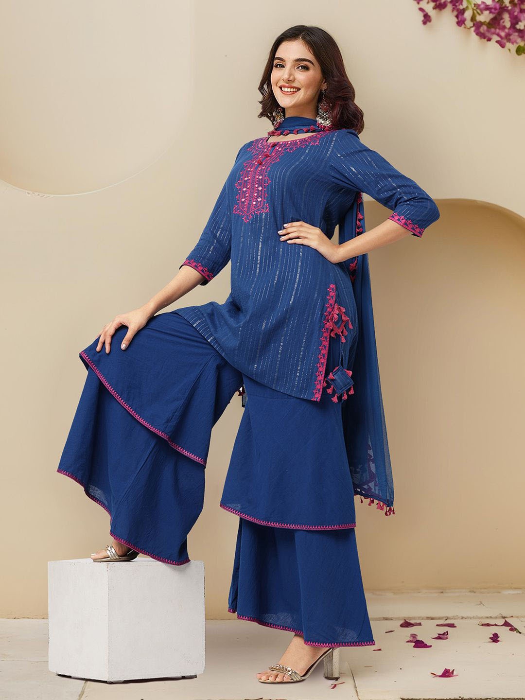 

Ishin Floral Yoke Design Mirror Work Pure Cotton Kurta with Sharara & Dupatta, Blue