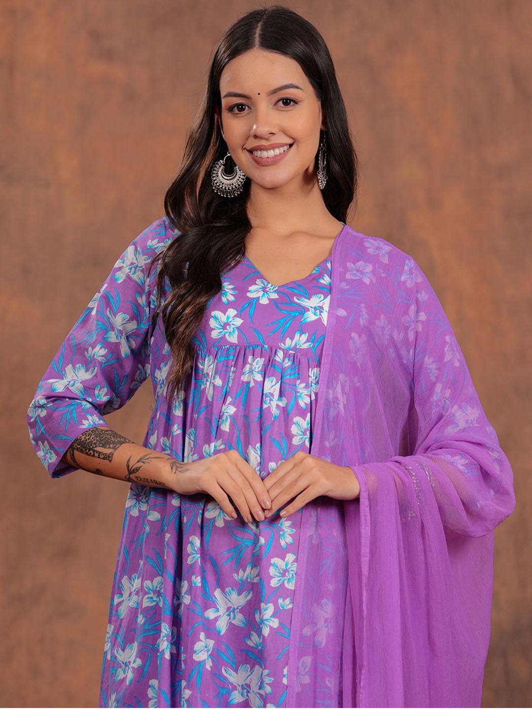 

SHIONS Floral Printed Empire Pure Cotton Anarkali Kurta with Trousers & Dupatta, Purple