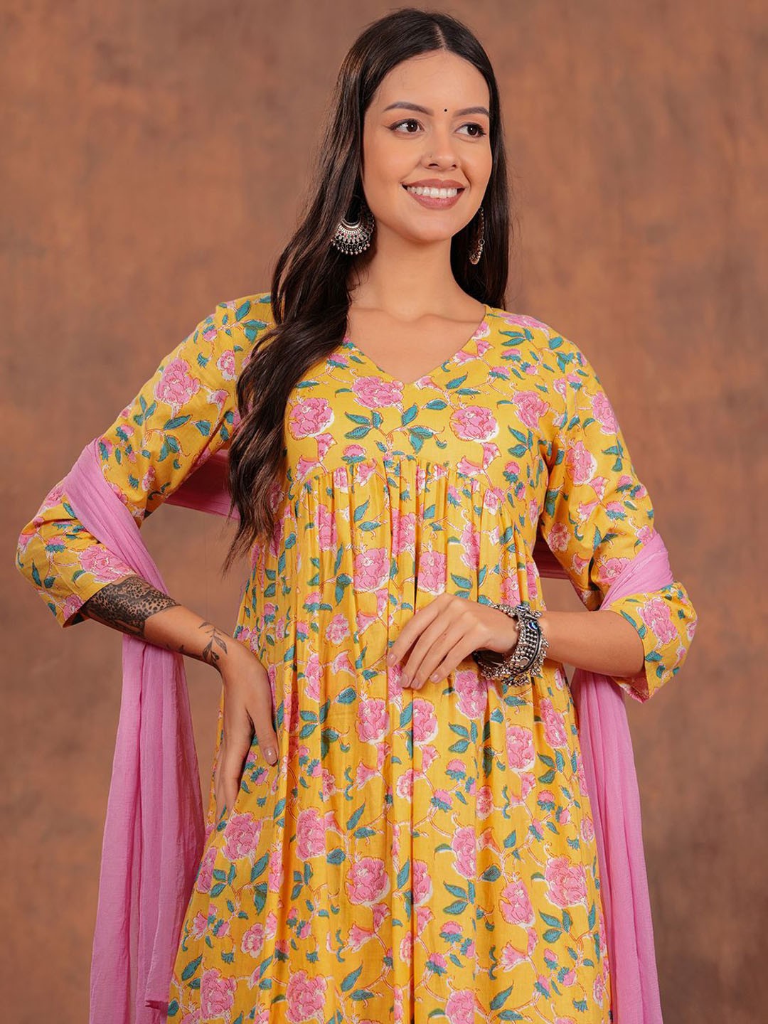 

SHIONS Floral Printed V Neck Pure Cotton Anarkali Kurta with Trousers & Dupatta, Mustard