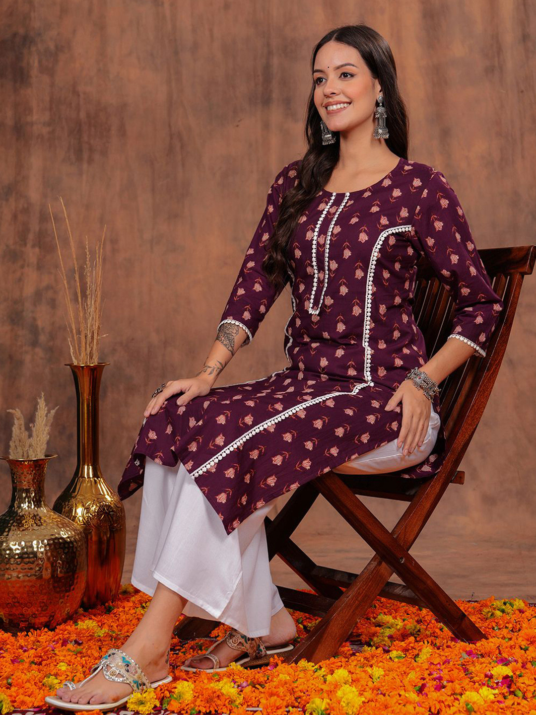 

SHIONS Ethnic Motifs Printed Cotton Straight Kurta, Brown