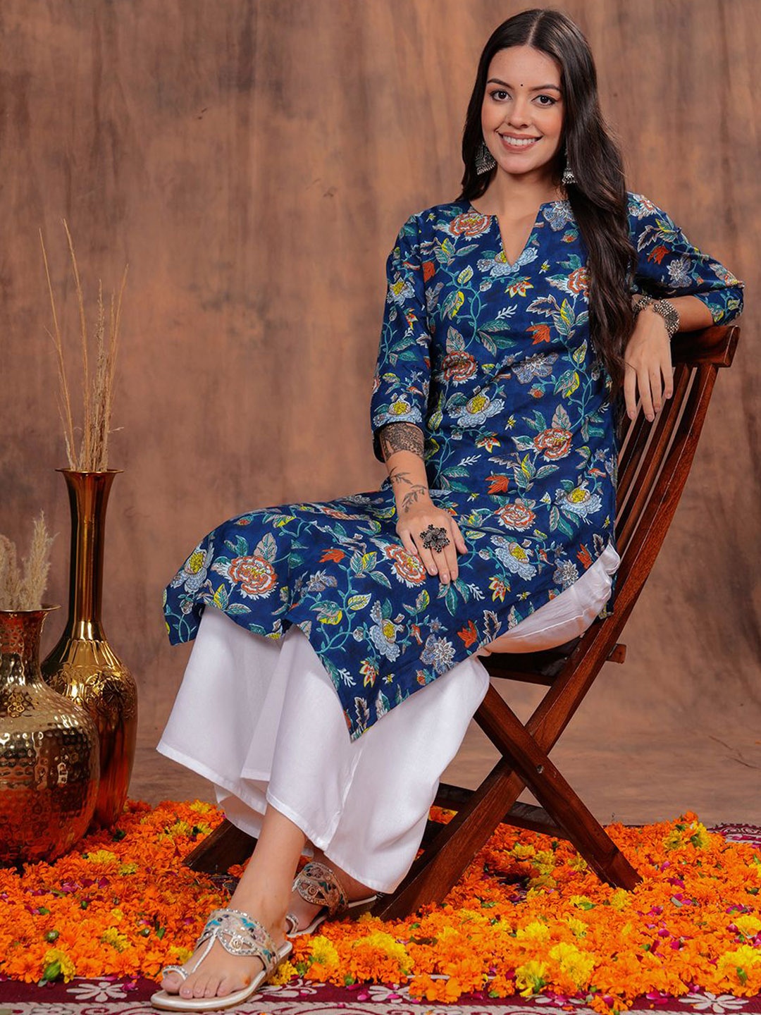 

SHIONS Floral Printed Cotton Straight Kurta, Blue