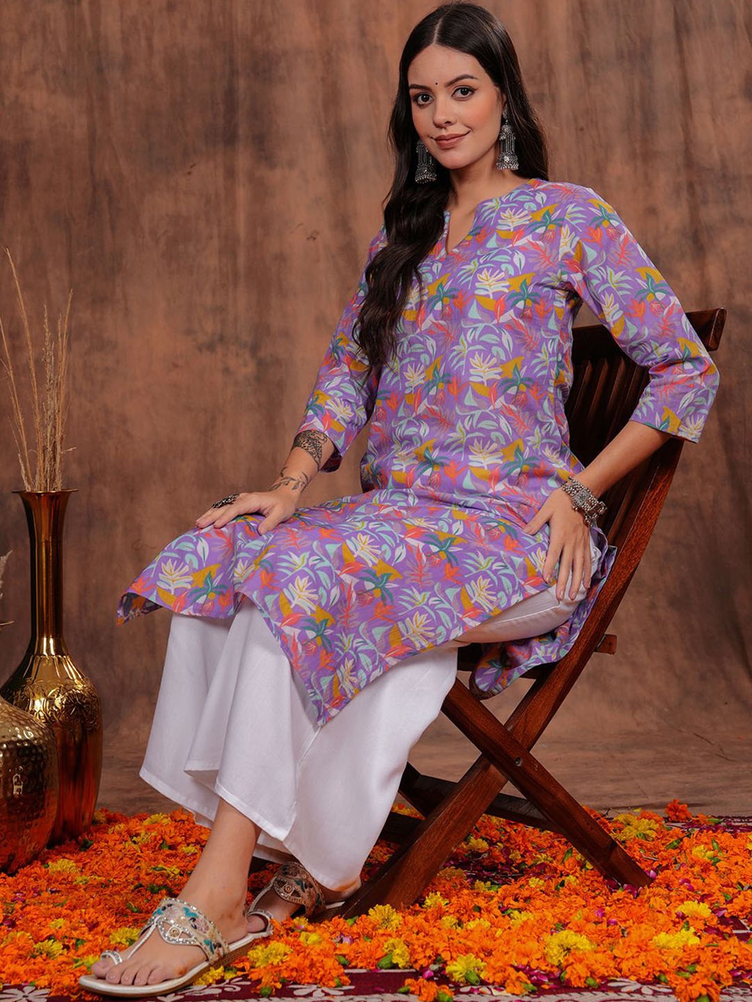 

SHIONS Floral Printed Cotton Straight Kurta, Purple