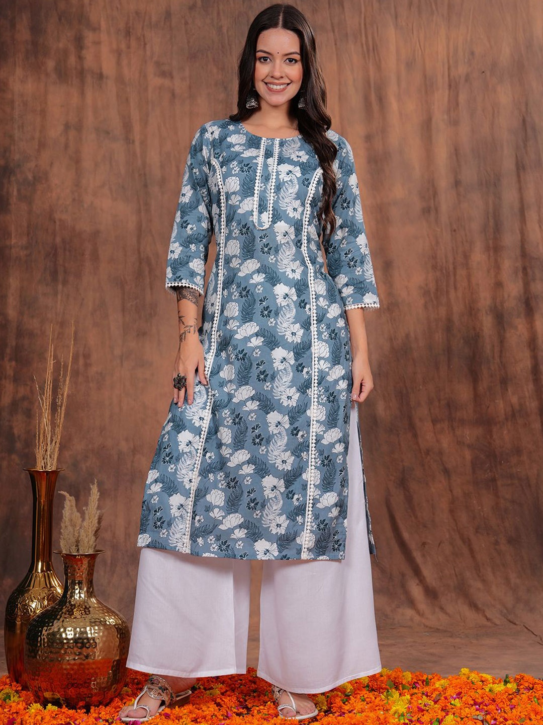 

SHIONS Floral Printed Cotton Straight Kurta, Grey