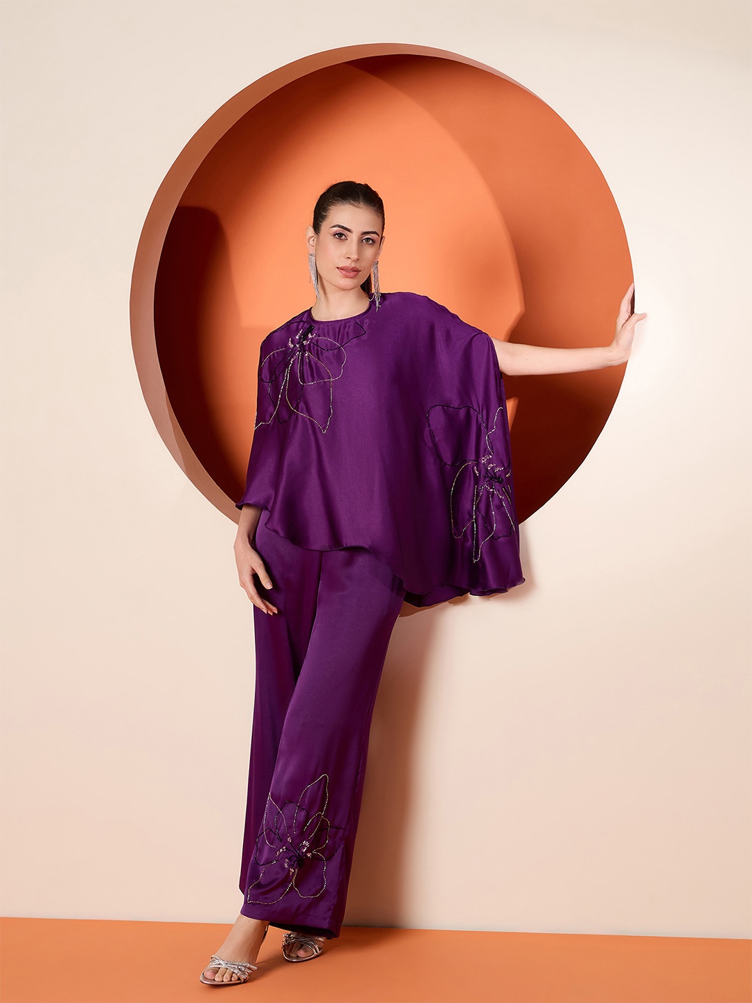 

Antheaa Embellished Satin Top With Trousers Co-Ords, Purple