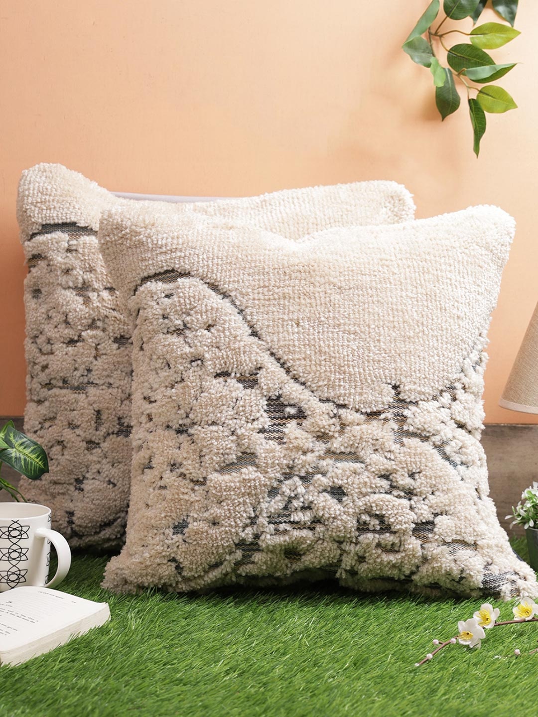 

Myntra Elegant Homes Beige & Grey 2 Pieces Abstract Printed Woollen Square Cushion Covers