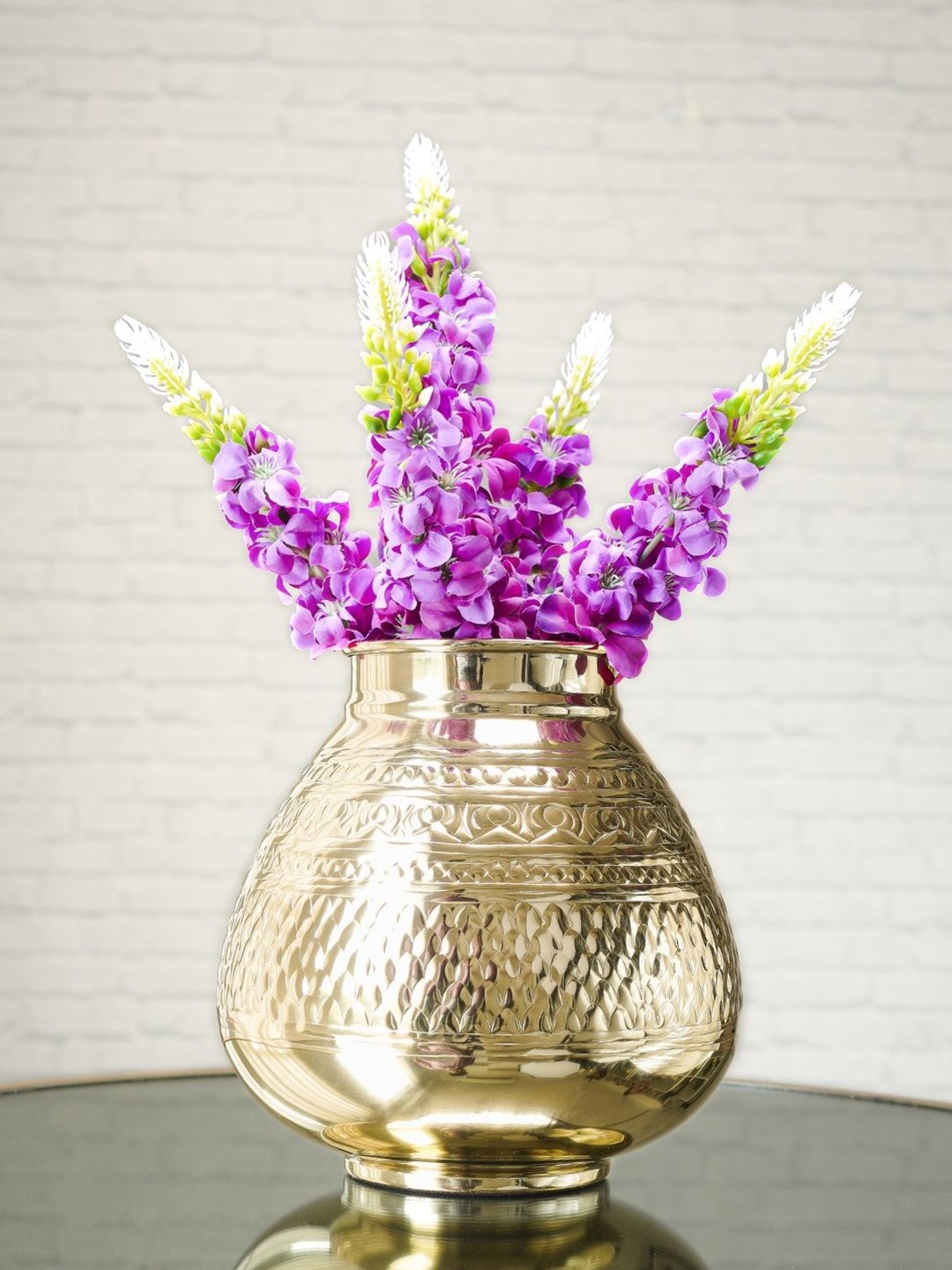 

BEHOMA Gold-Toned Embossed Metal Matki Vase & Artificial Purple Lupine Flowers Set