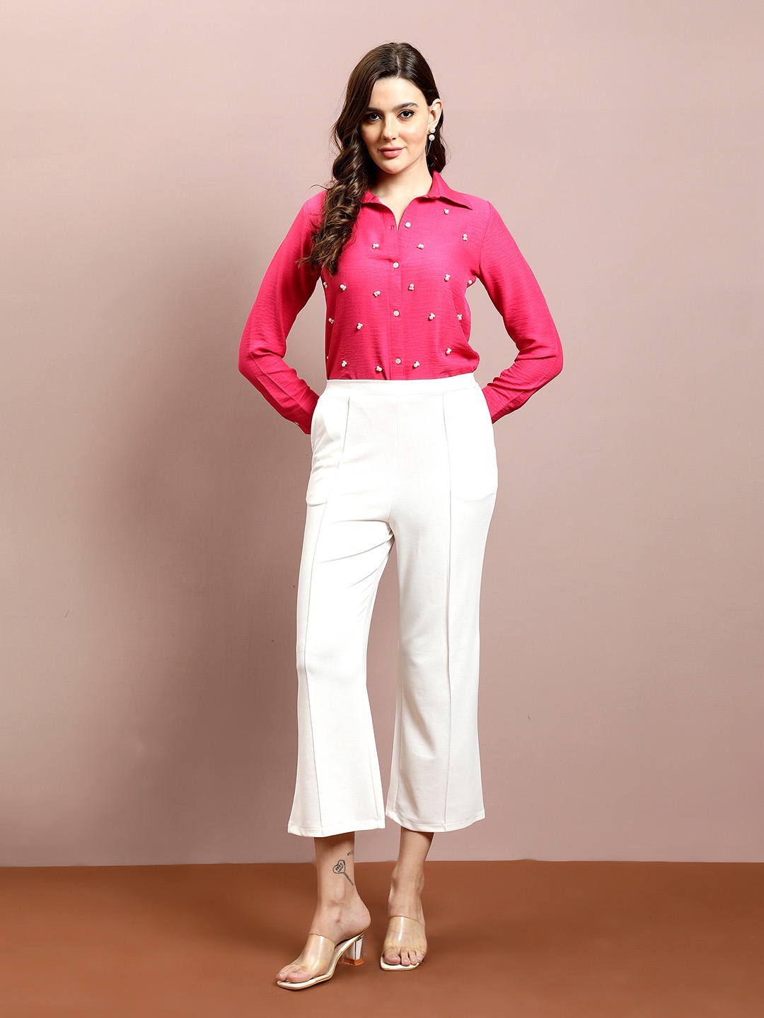 

Athena Women Solid Embellished Spread Collar Shirt, Fuchsia