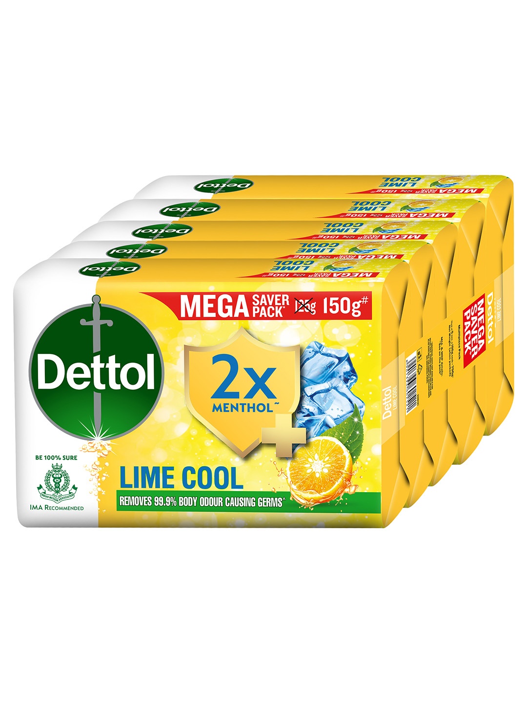 

Dettol Pack of 5 Lime Cool Bathing Soap With 2x Menthol - 150g Each, Yellow