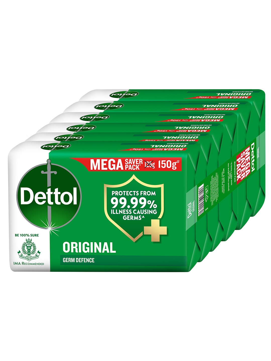 

Dettol Pack of 6 Original Germ Protection Bathing Soap Kills 99.99% Germs - 150g Each, Green