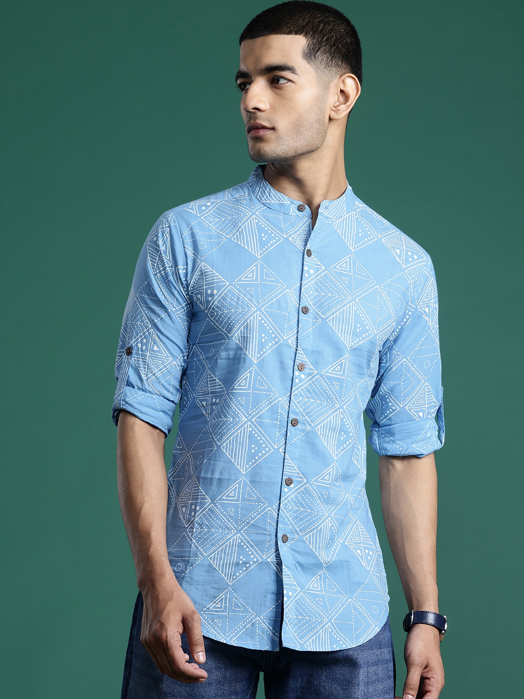 

Sangria Men Standard Geometric Printed Pure Cotton Casual Shirt, Blue