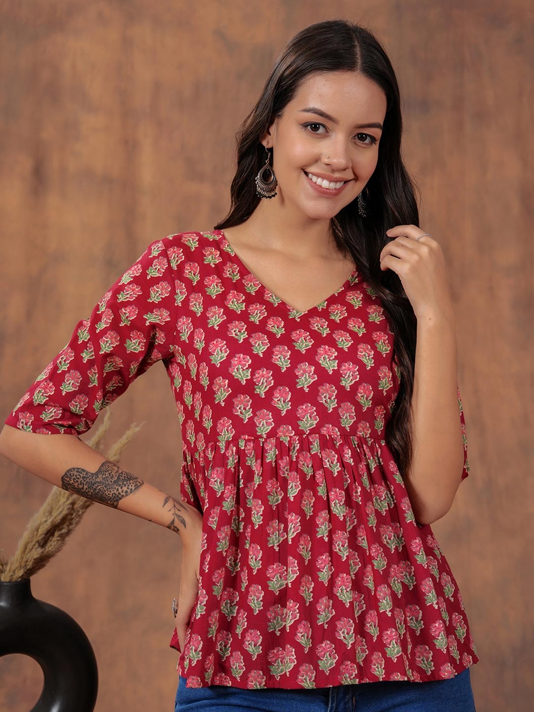 

SHIONS Floral Printed Empire Cotton Top, Maroon