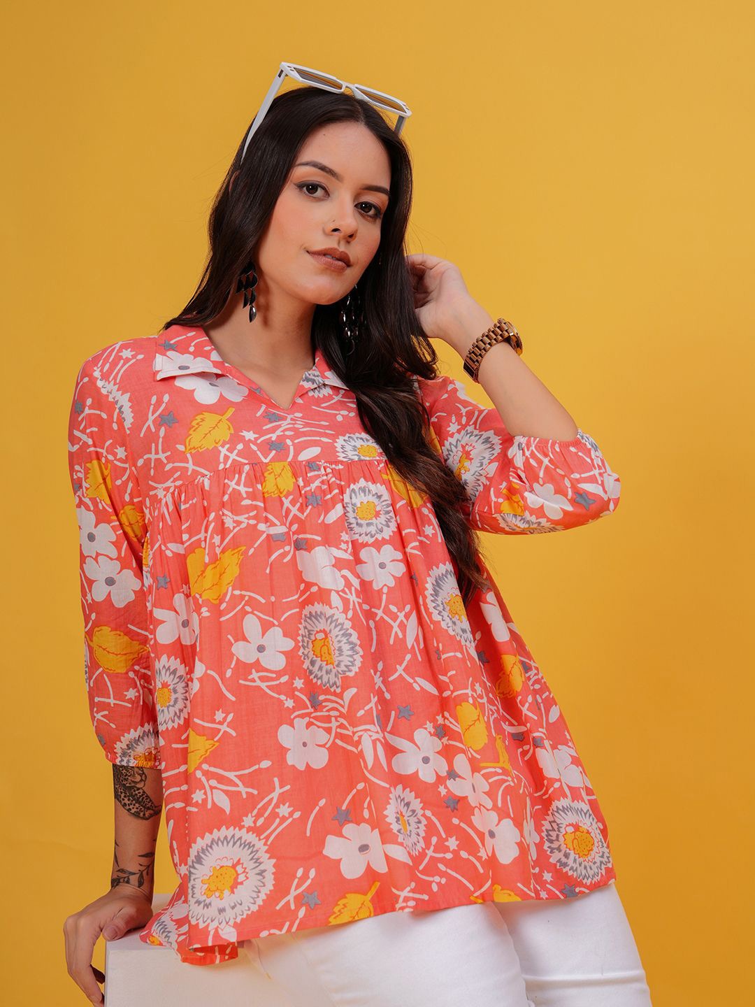 

SHIONS Floral Printed Shirt Collar Cotton Empire Top, Peach