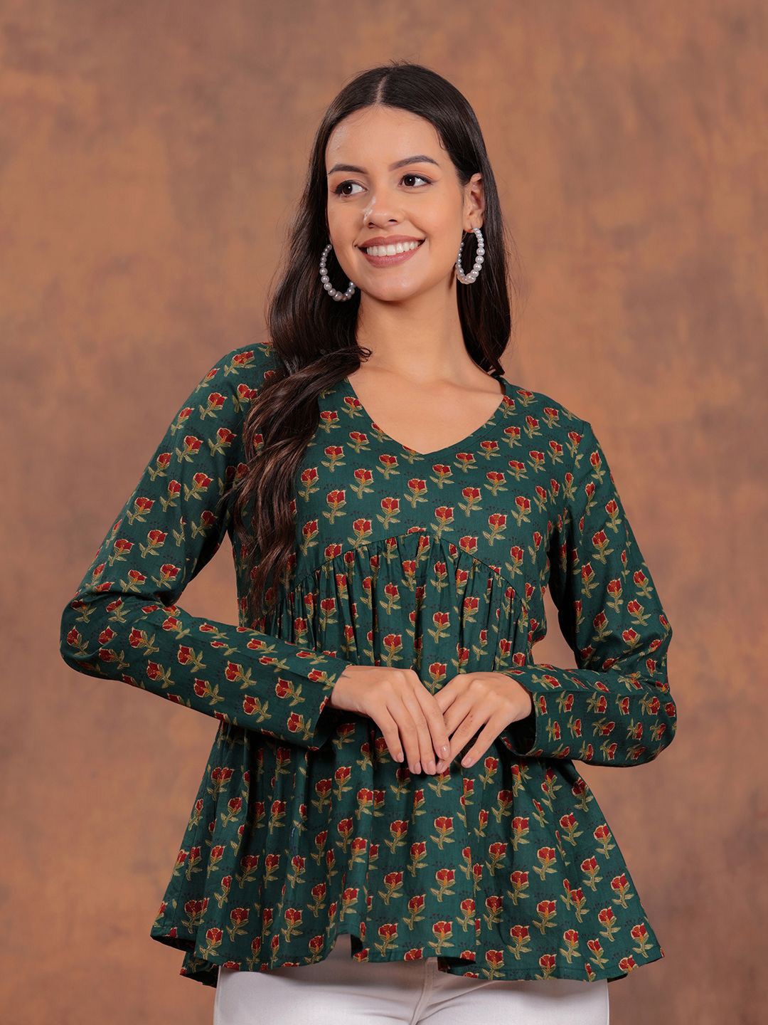

SHIONS Floral Printed Empire Cotton Top, Green