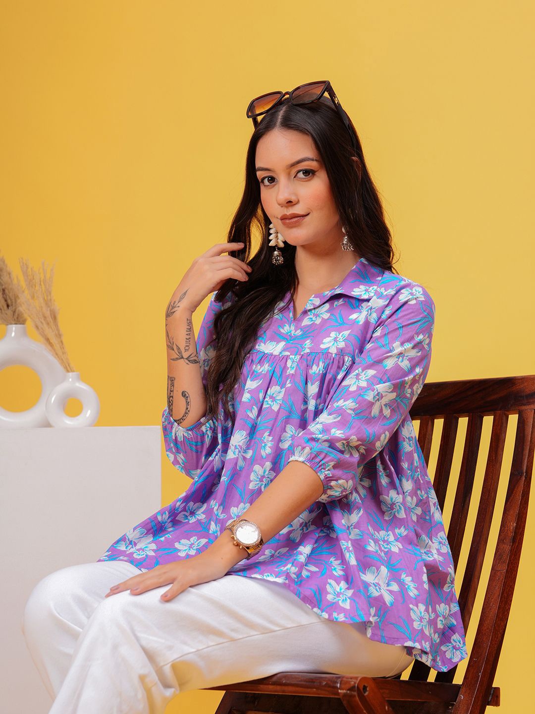 

SHIONS Women Floral Printed Shirt Collar Empire Pure Cotton Top, Purple