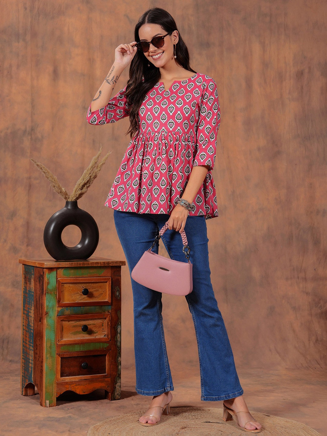 

SHIONS Ethnic Printed Round Neck Pure Cotton Peplum Top, Pink