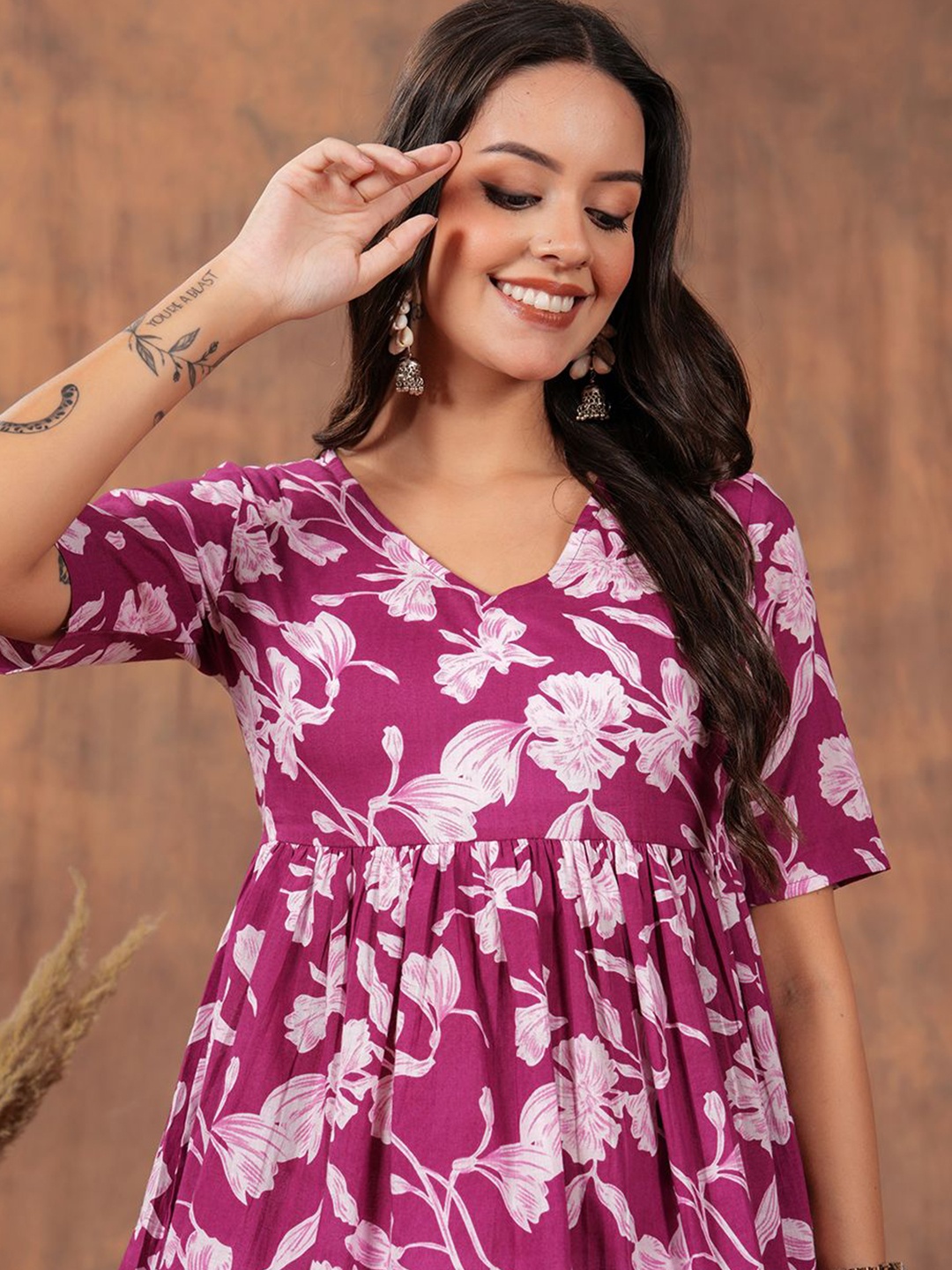 

SHIONS Floral Printed Empire Cotton Top, Purple