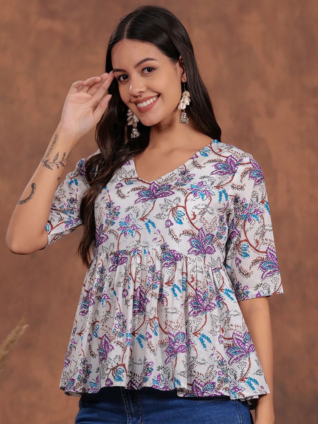

SHIONS Floral Printed Empire Cotton Top, White