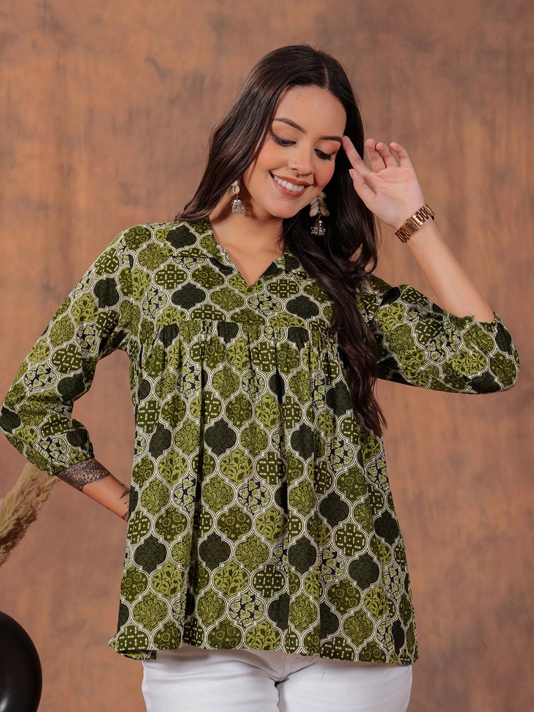 

SHIONS Floral Printed Empire Cotton Top, Olive