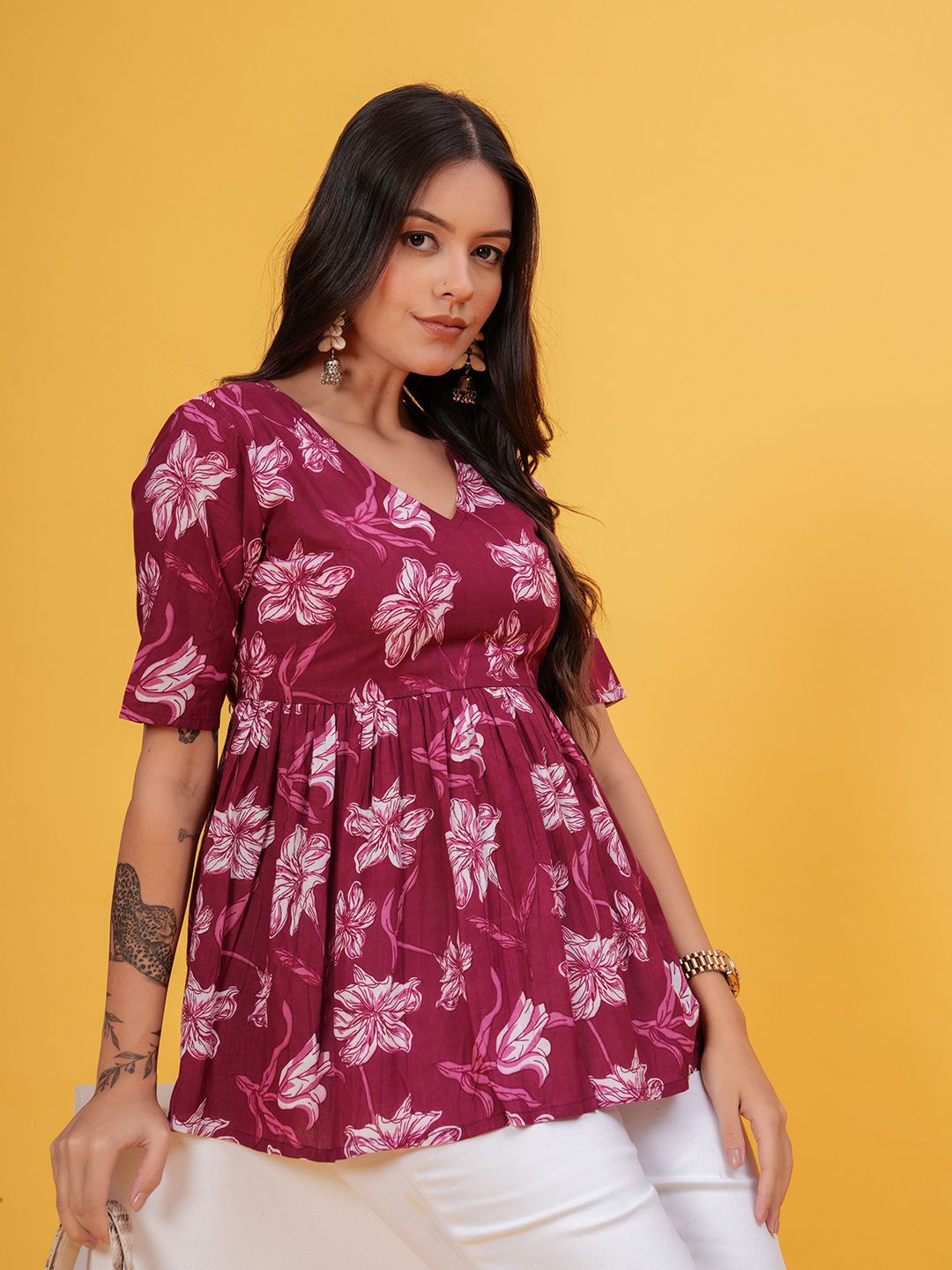 

SHIONS Floral Printed Empire Cotton Top, Purple