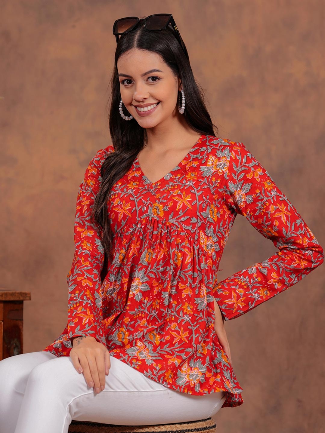 

SHIONS Floral Printed Empire Cotton Top, Orange