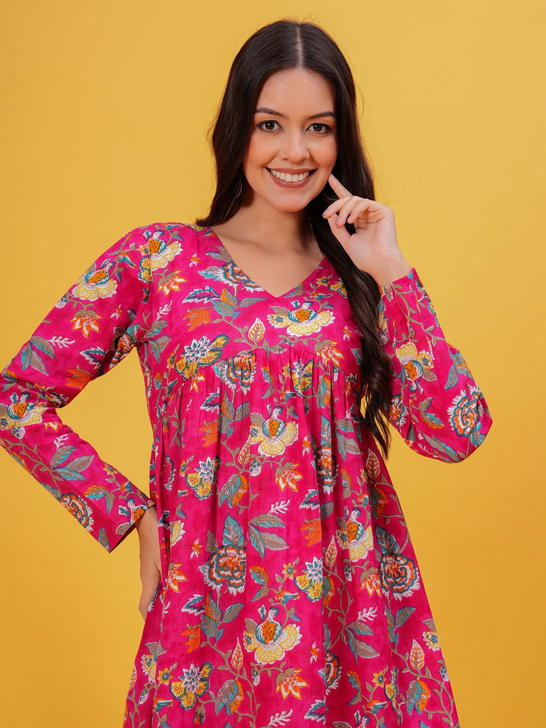 

SHIONS Women Floral Printed V-Neck Pure Cotton A-Line Kurti, Pink