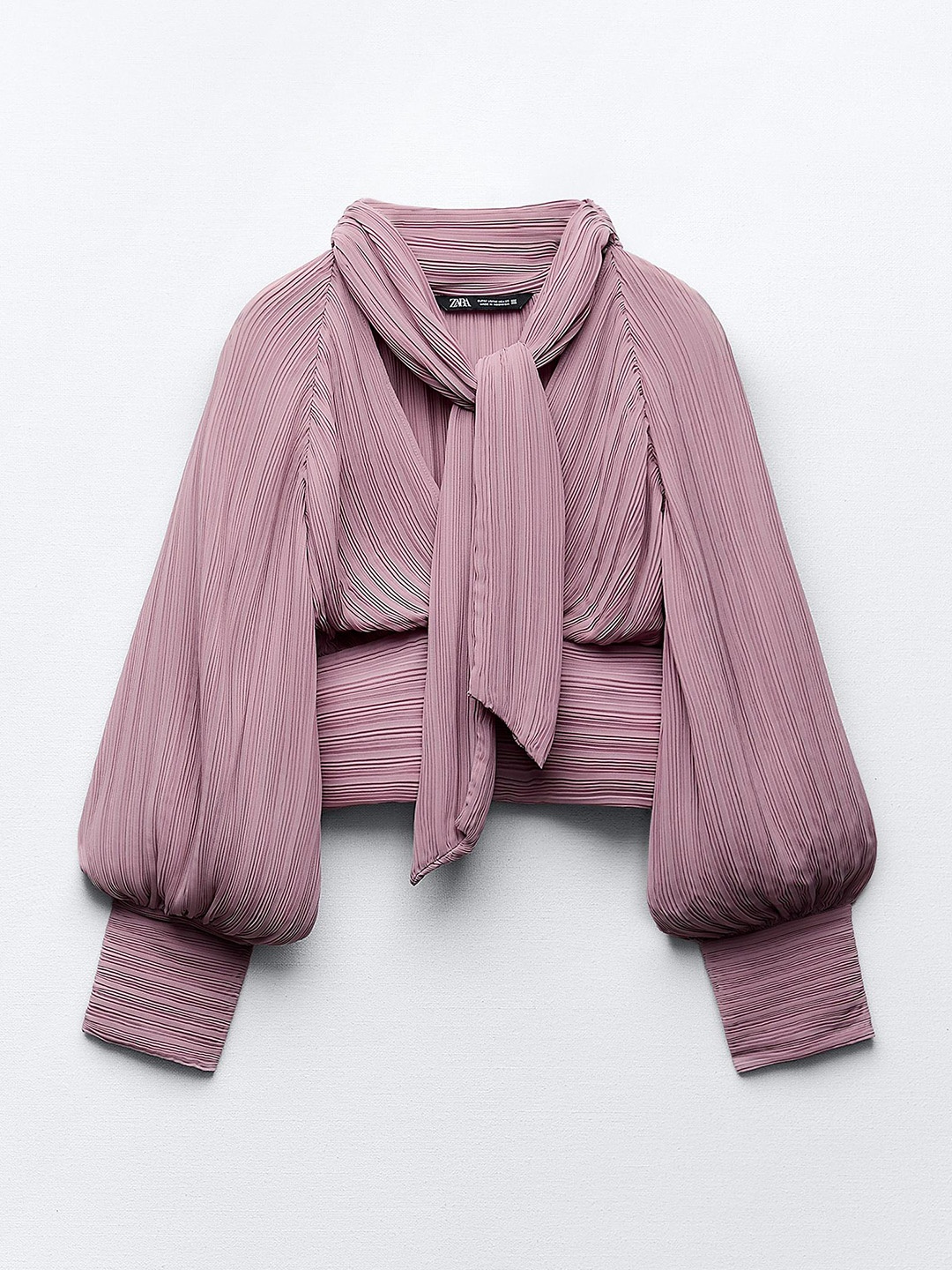 

ZARA Tie-Up Neck Accordion Pleats Cotton Blouson Top, Purple