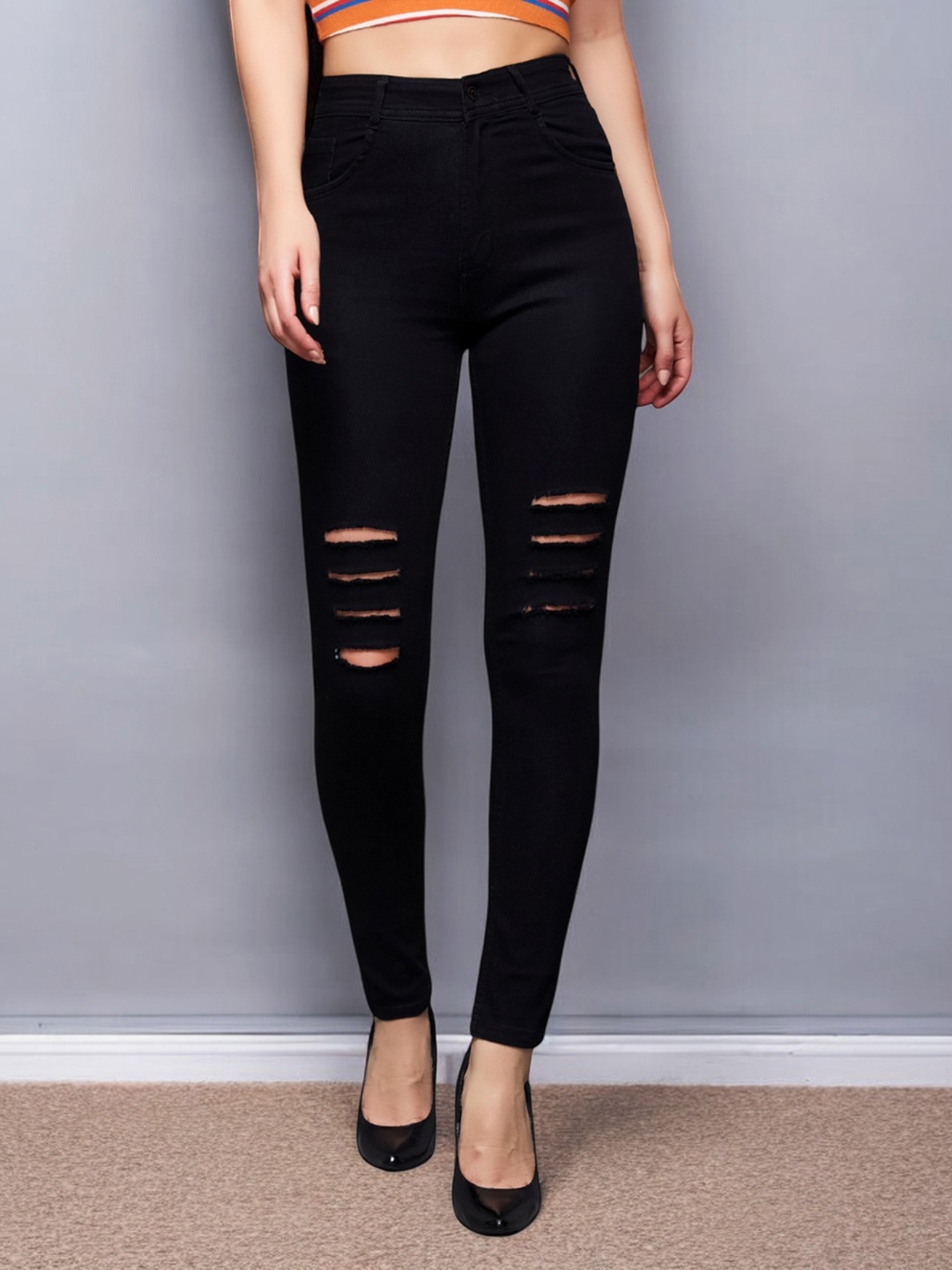 

Miss Chase Women Slim Fit High-Rise Mildly Distressed Stretchable Cotton Jeans, Black