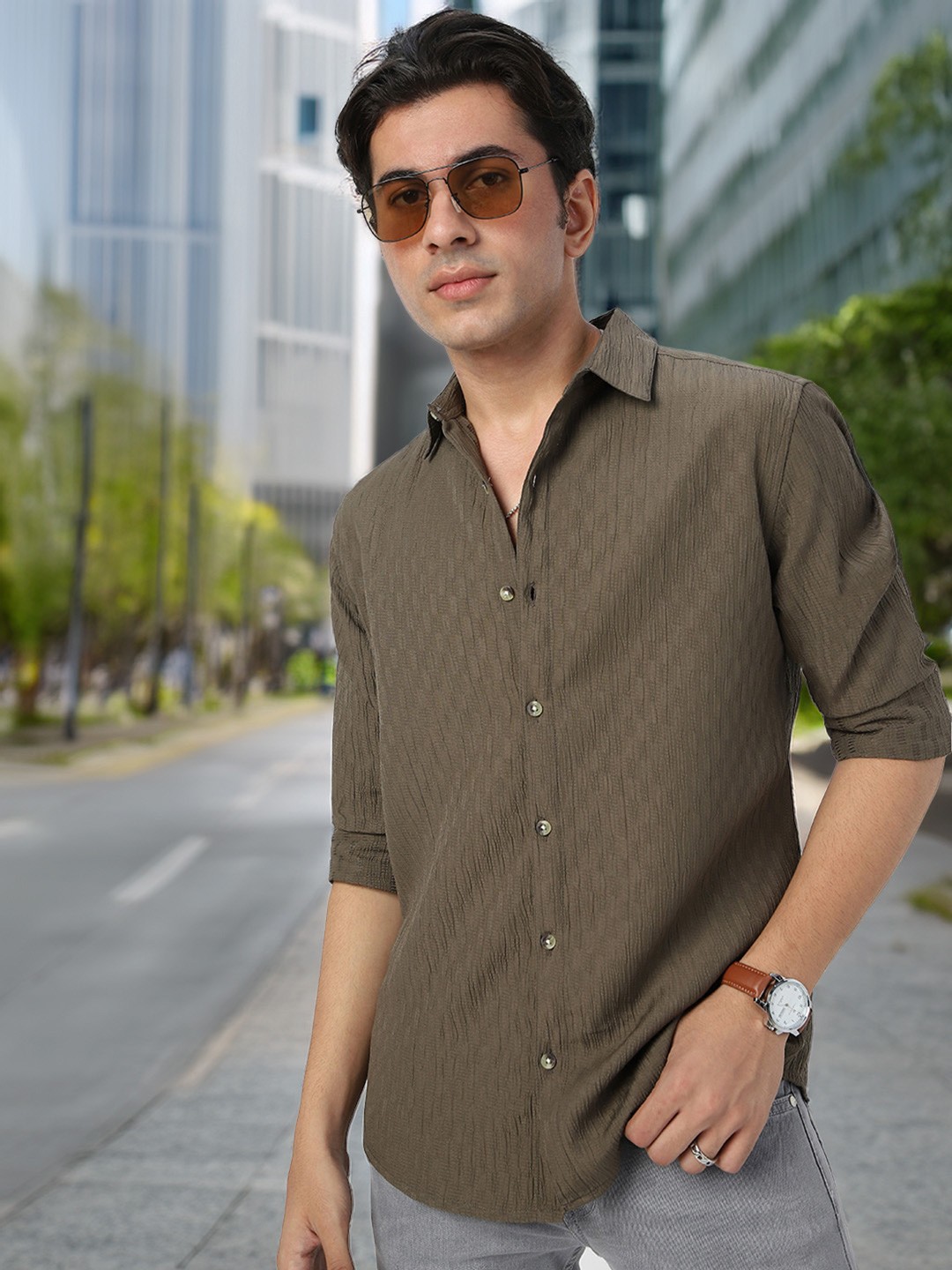 

Urbano Fashion Men Spread Collar Textured Cotton Casual Shirt, Olive