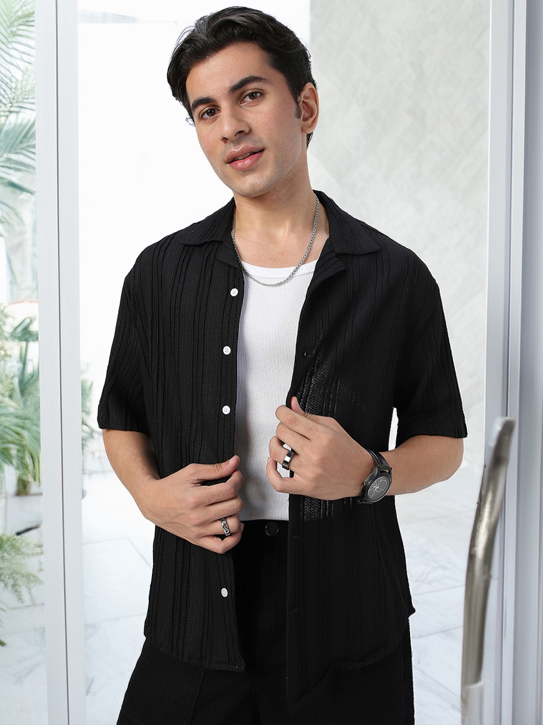 

Urbano Fashion Men Cotton Cuban Collar Textured Oversized Casual Shirt, Black