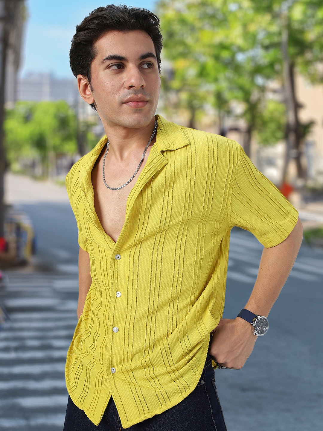

Urbano Fashion Oversized Fit Self Design Cuban Collar Cotton Casual Shirt, Yellow