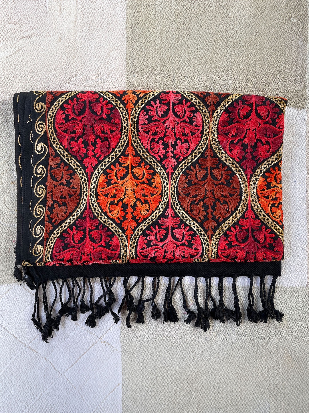 

Stole & Yarn Unisex Floral Embroidered Stole With Tasselled Border, Black
