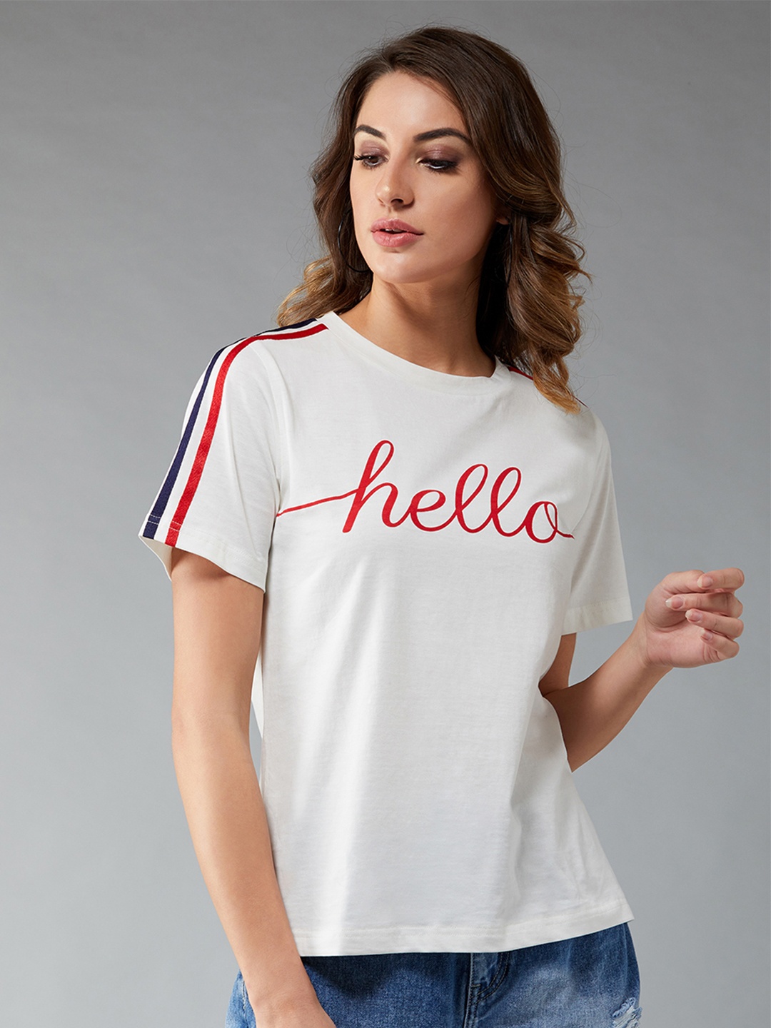 DOLCE CRUDO Round Neck Half Sleeve Printed Basic Regular T-Shirt, White