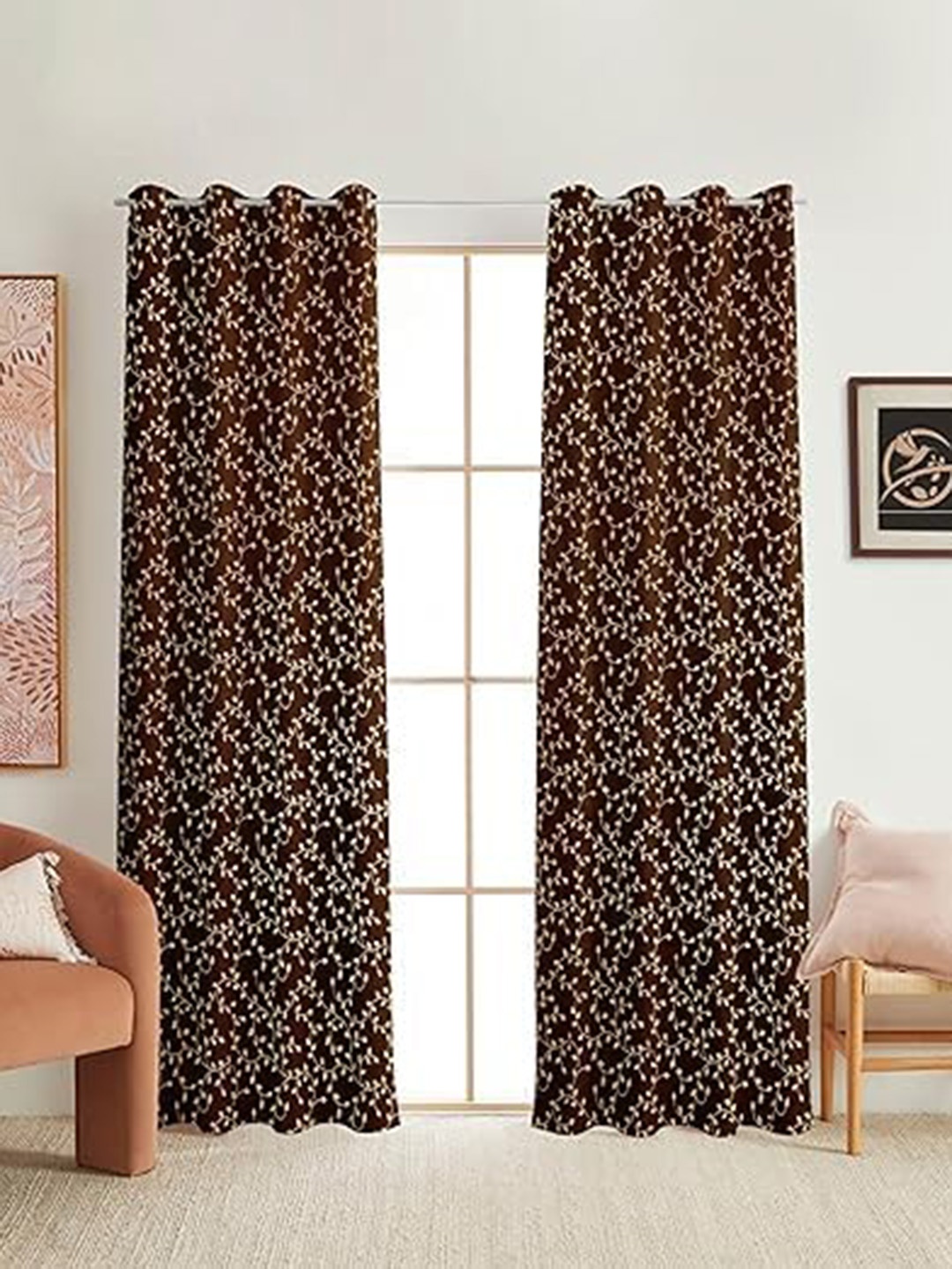 

Banchmark Home Furnishings Brown & White 2 Pieces Floral Black Out Window Curtain