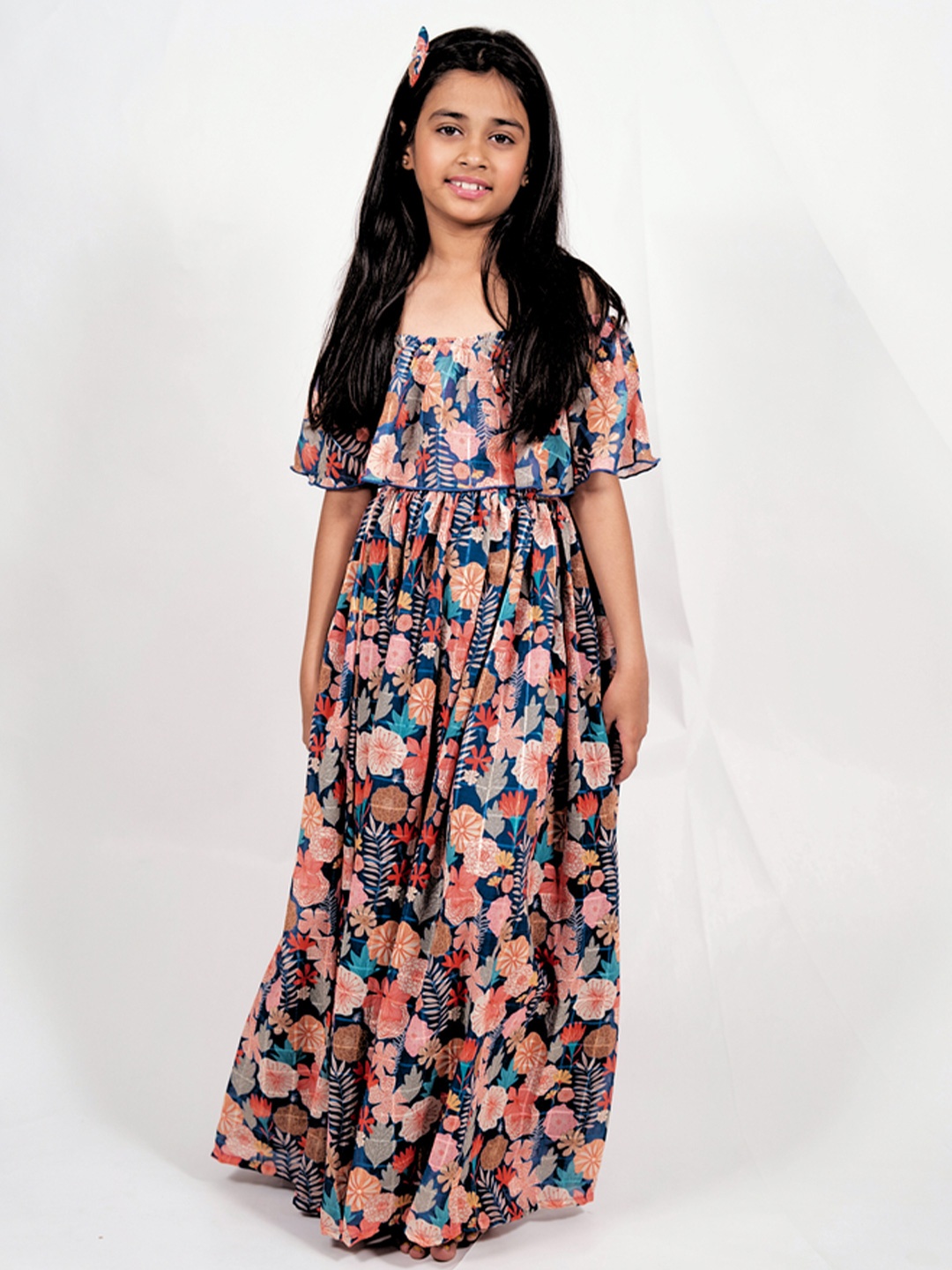 

Sangria Girls Floral Printed Maxi Fit & Flare Dress, Blue