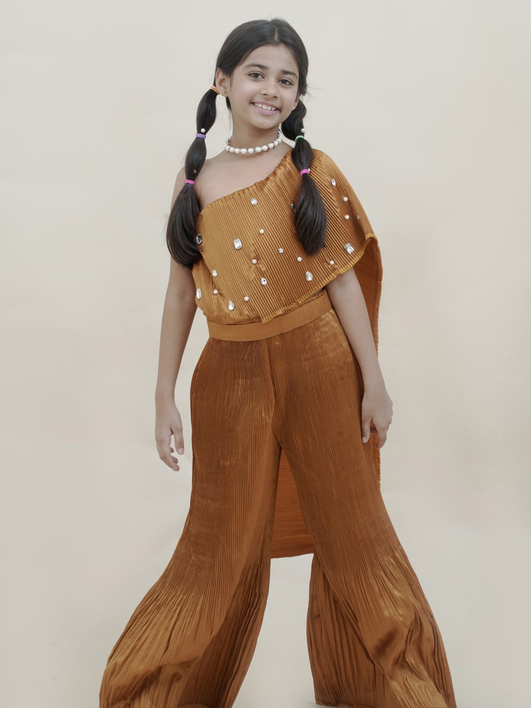 

Sangria Girls One Shoulder Pure Cotton Top & Palazzos, Brown