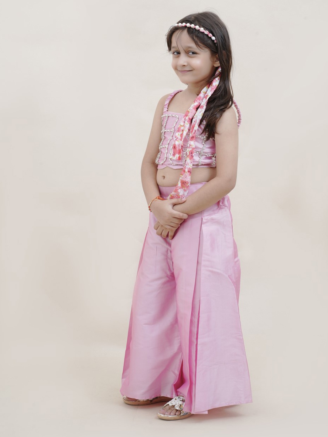 

Sangria Girls Embellished Pure Cotton Crop Top With Palazzo, Pink