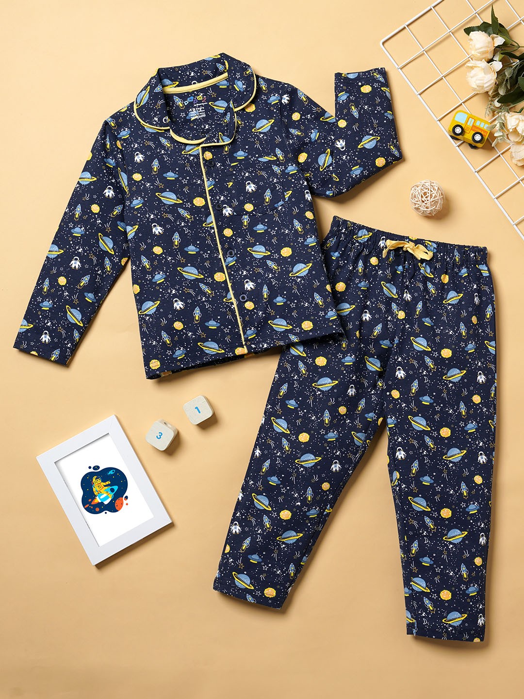 

Desi Soota Kids Space Theme Printed Lapel Collar Pure Cotton Shirt with Pyjama, Navy blue
