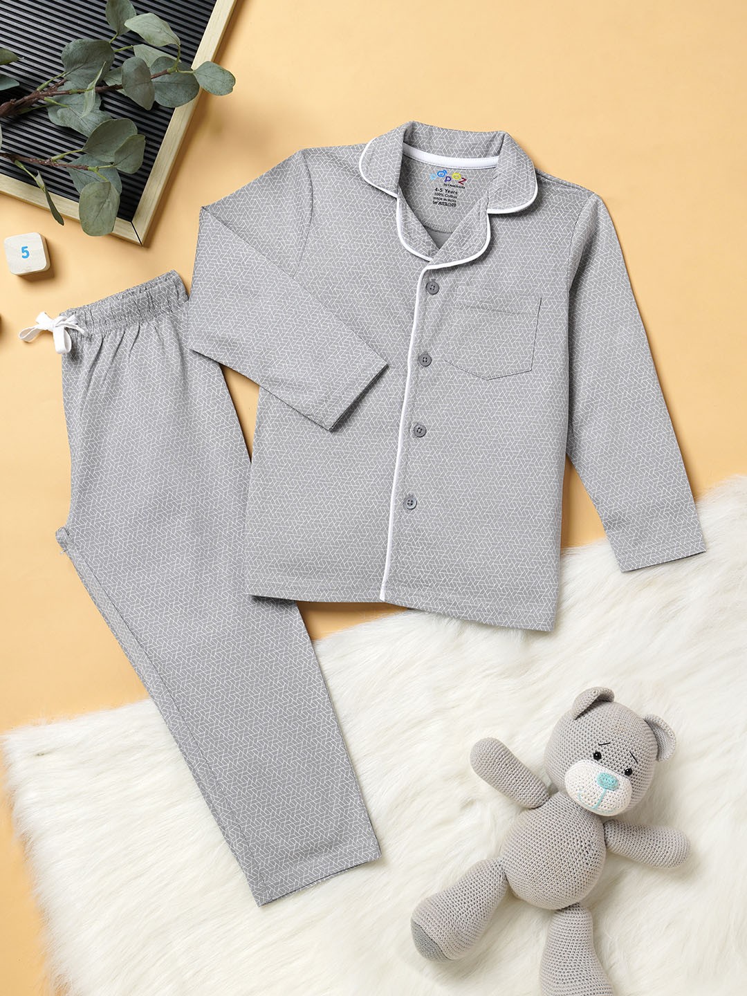 

Desi Soota Unisex Kids Printed Lapel Collar Pure Cotton Shirt with Pyjama, Grey