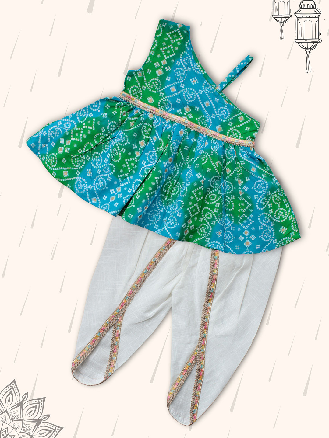 

Peekaaboo Kids Girls Bandhani Printed Gotta Patti Pure Cotton Straight Kurta with Pyjama, Blue