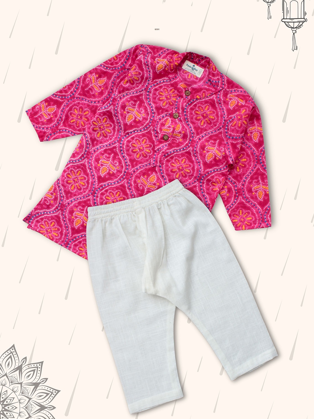 

Peekaaboo Kids Boys Bandhani Printed Pure Cotton Straight Kurta with Pyjama, Pink
