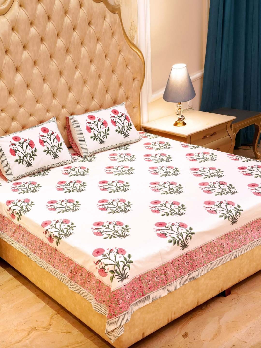 

Plarsh Comfort White Floral Printed 400 TC Percale King Bedsheet With 2 Pillow Covers