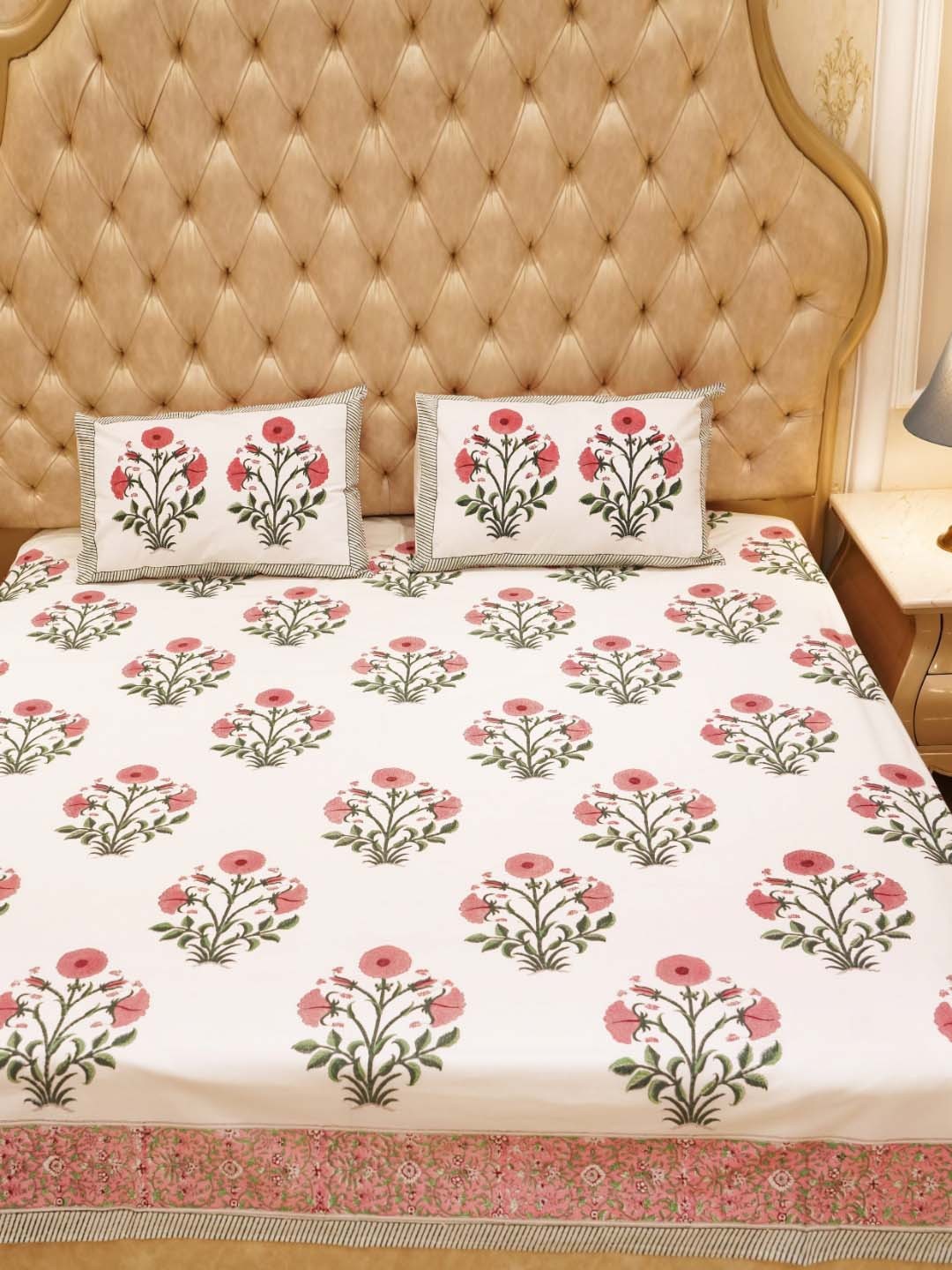 

Plarsh Comfort White Floral Printed Cotton 400 TC King Bedsheet With 2 Pillow Covers