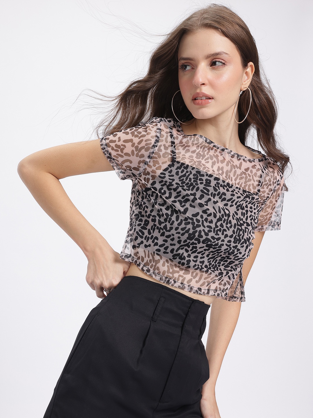 

DressBerry Fierce Finesse Print Semi-Sheer Crop Top with Lining, White