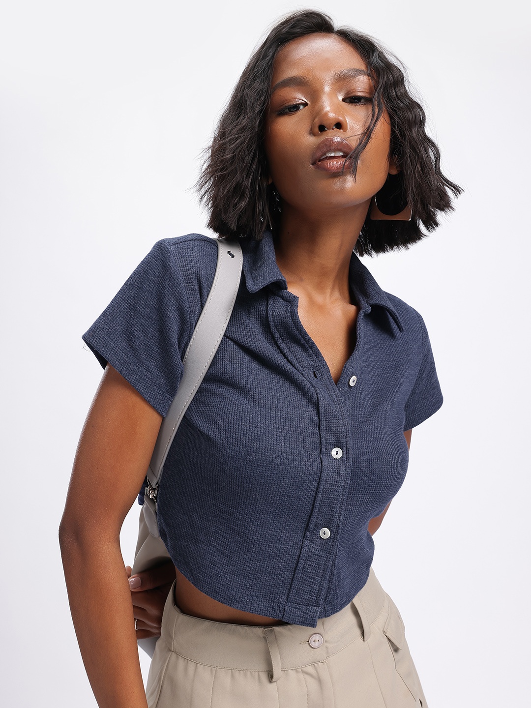 

DressBerry Playful Shirt Collar Crop Top, Navy blue