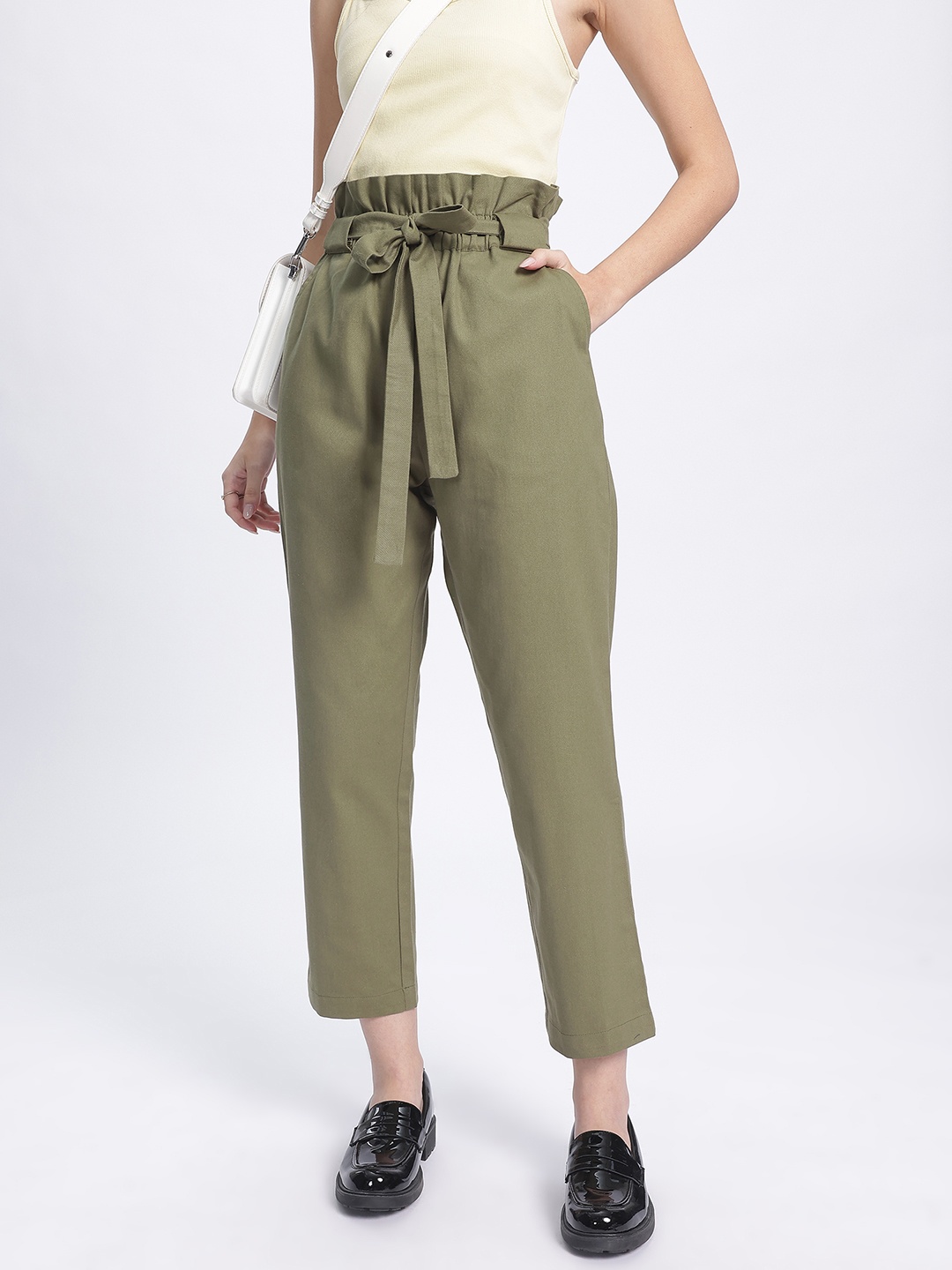 

DressBerry Women Retro Rave Paperbag Waist Cropped Trousers, Olive