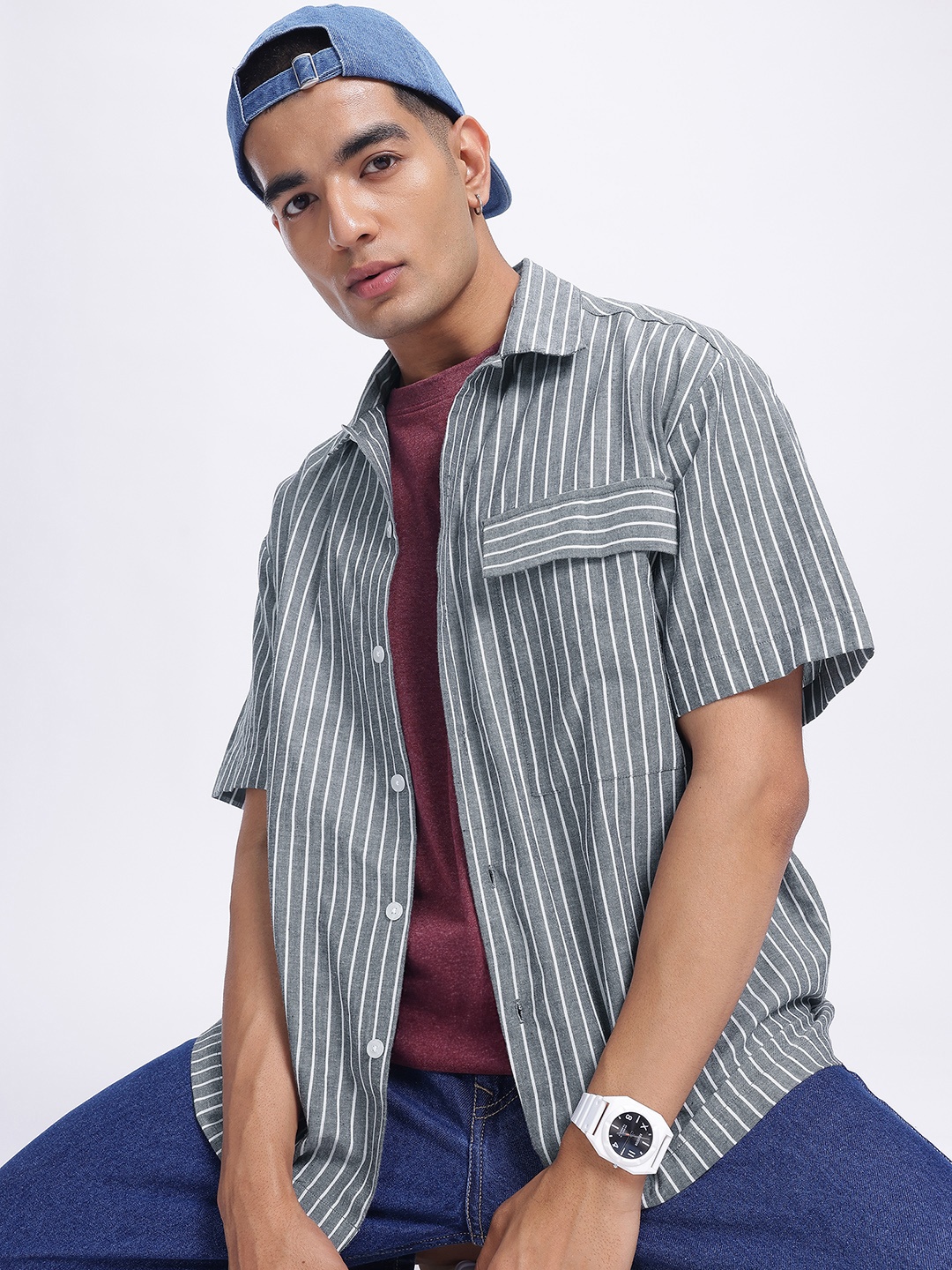 

Kook N Keech Streetwise Stitch Striped Oversized Pocket Relaxed Shirt, Charcoal