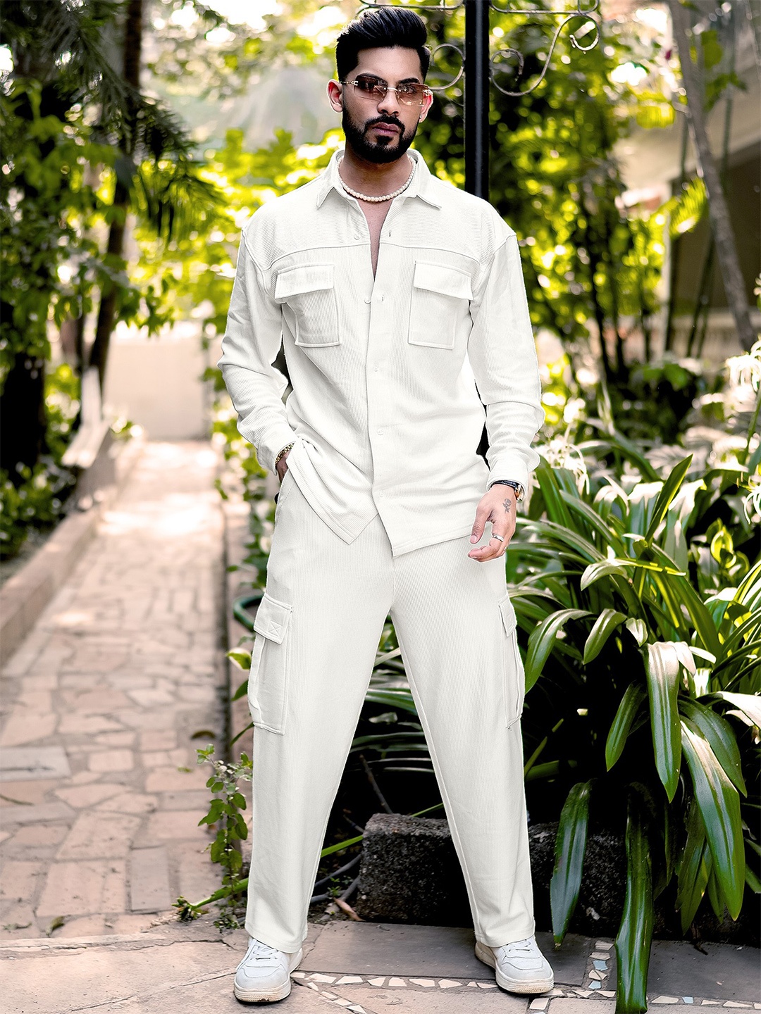 

Maniac Self Design Shirt With Cargo Trousers, White
