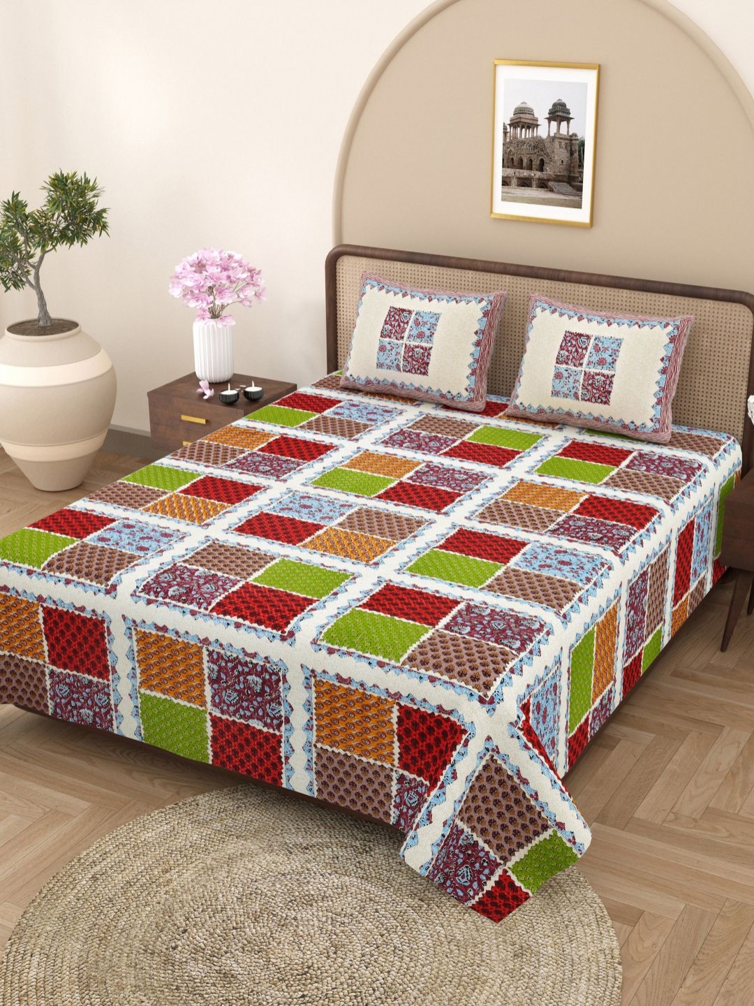 

Plarsh Comfort Beige & Red Floral Pure Cotton 180 TC King Bedsheet with 2 Pillow Covers